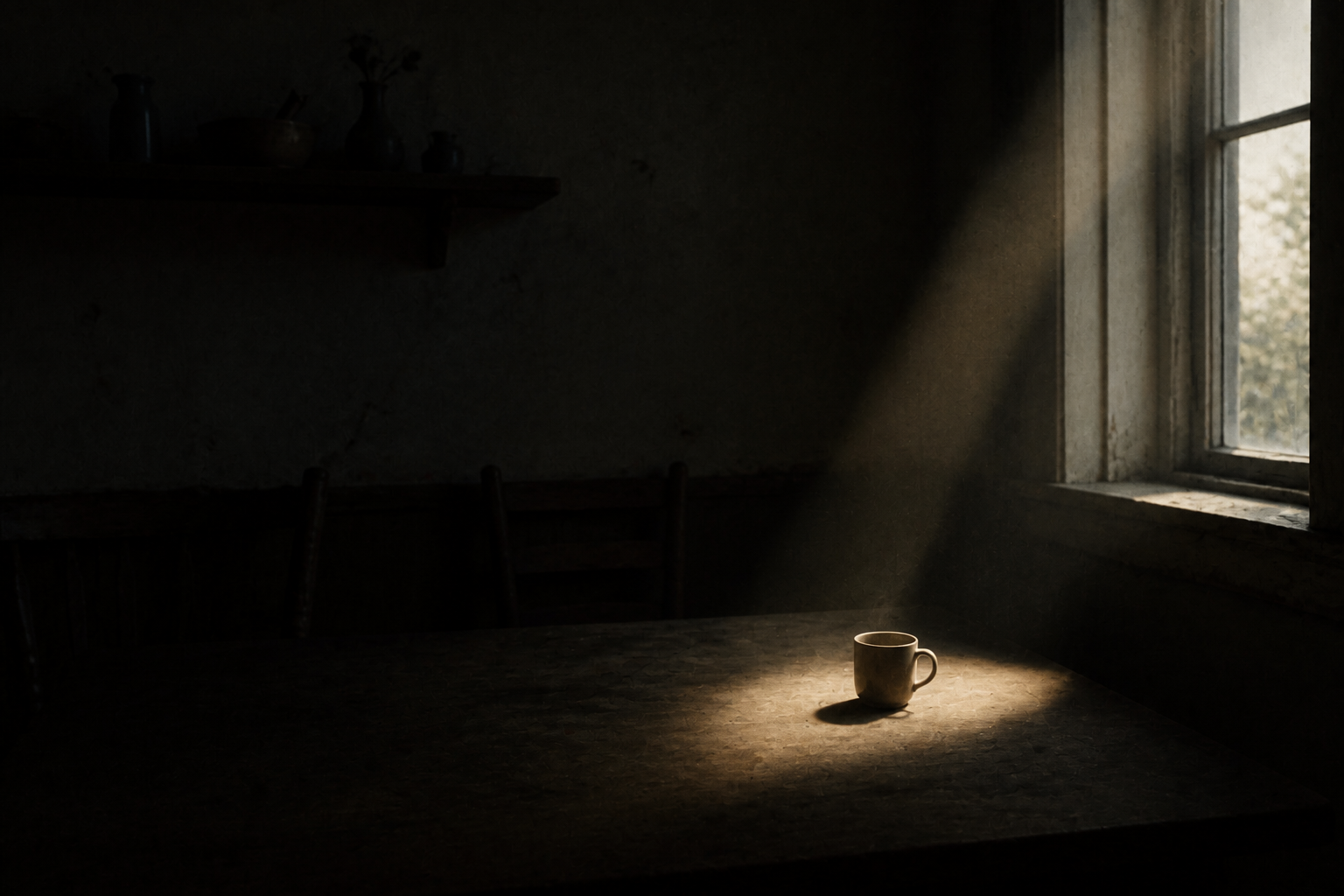 A cup catching light on an otherwise quiet table