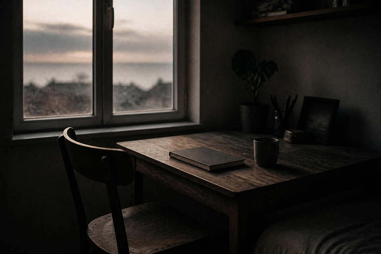 A quiet desk by a window, a notebook and a lamp in a small room